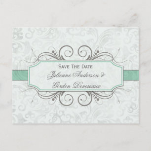 Greyed Jade and Grey Damask Save The Date Announcement Postcard