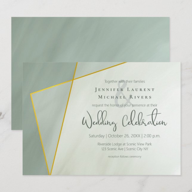 greyed jade geometric typography wedding invitation (Front/Back)