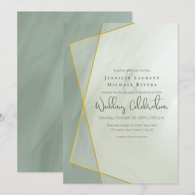 greyed jade geometric typography wedding invitation (Front/Back)