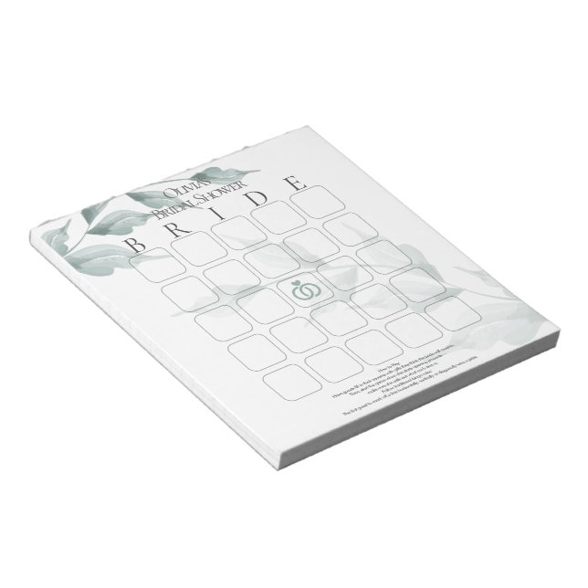 Greyed Jade Green Botanical Bridal Bingo Notepad (Angled)