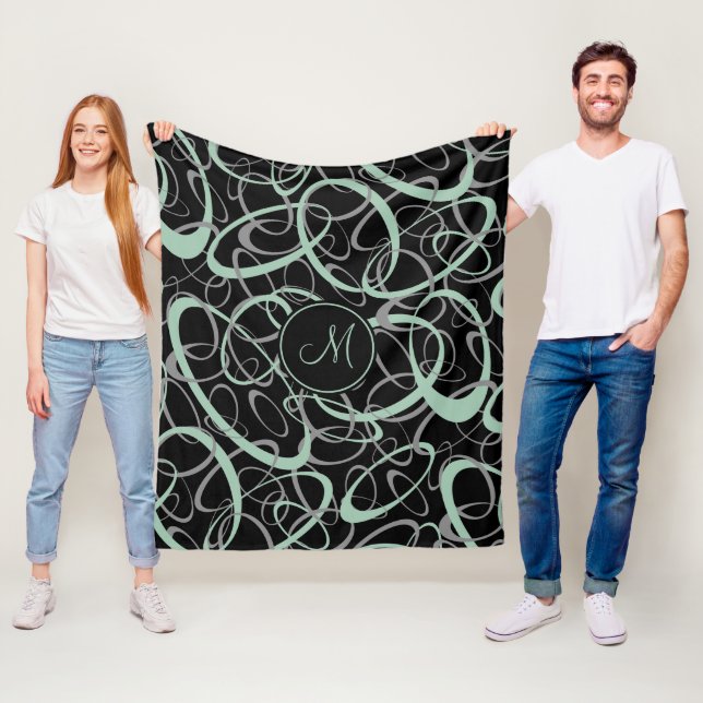 greyed jade grey black mod retro loops pattern fleece blanket (In Situ)