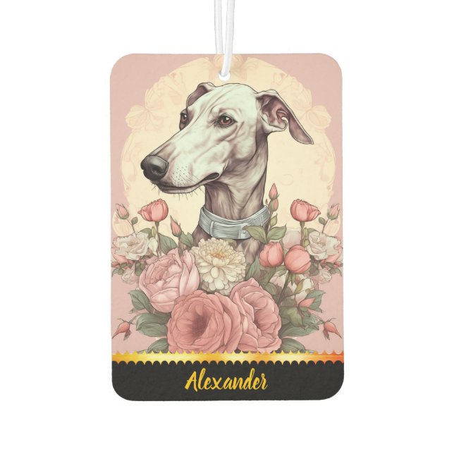 Greyhound amid spring's blooming roses car air freshener (Back)