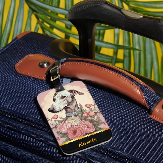 Greyhound amid spring's blooming roses luggage tag (Front Insitu 1)