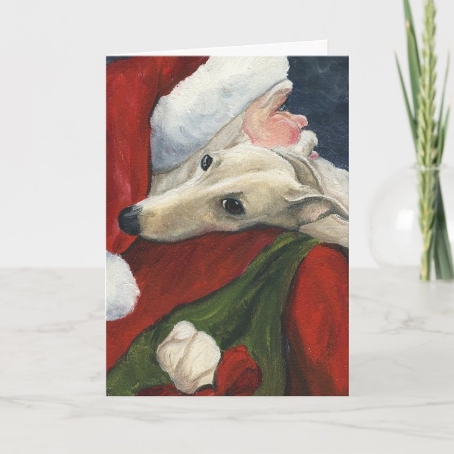 " Greyhound and Santa" Dog Art Christmas Card (Front)