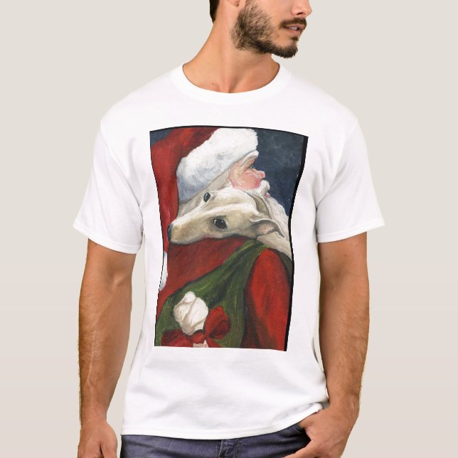 "Greyhound and Santa" Dog Art T-Shirt (Front)