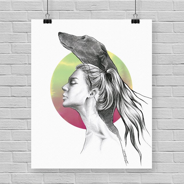 Greyhound and Woman Portrait Dog lover Elegant Art Poster (Creator Uploaded)