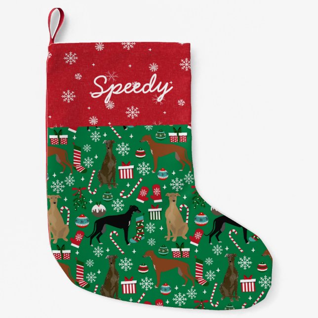 Greyhound Christmas custom dog name Small Christmas Stocking (Front)
