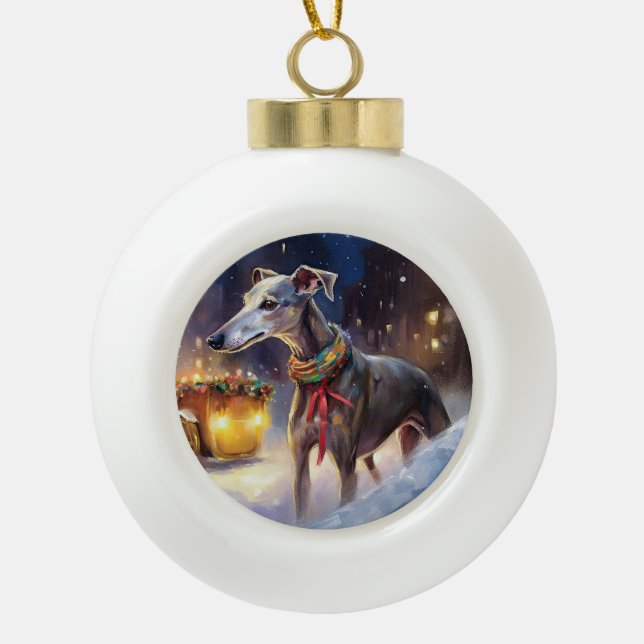 Greyhound Christmas Festive Season  Ceramic Ball Christmas Ornament (Front)