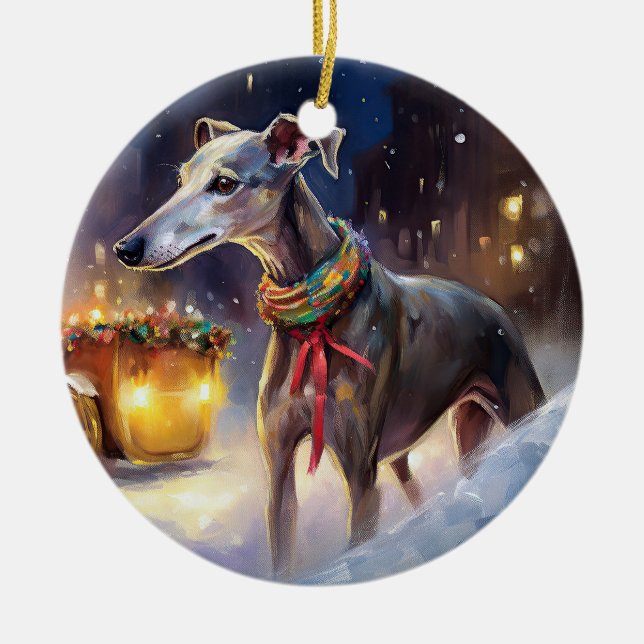 Greyhound Christmas Festive Season  Ceramic Tree Decoration (Front)