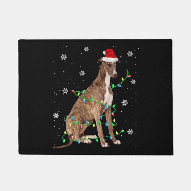 greyhound christmas light cute santa greyhound doormat (Front)