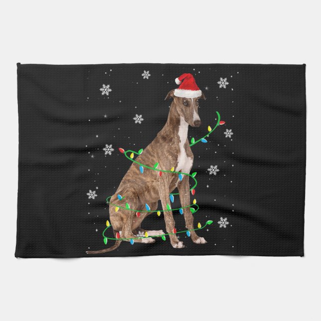 greyhound christmas light cute santa greyhound tea towel (Horizontal)