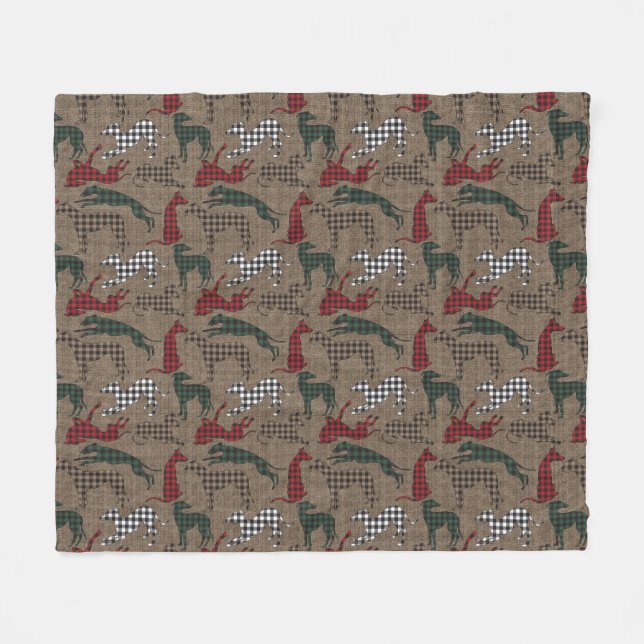 Greyhound Christmas Plaid Burlap Fleece Blanket (Front (Horizontal))