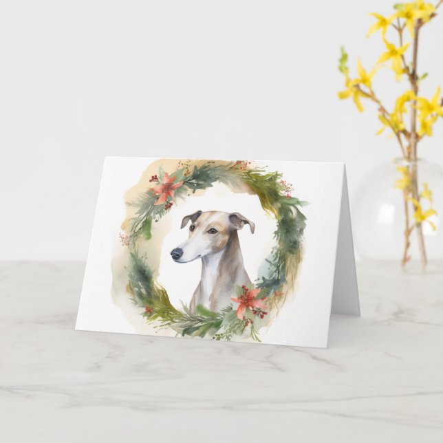 Greyhound Christmas Wreath Festive Pup  Card (Yellow Flower)