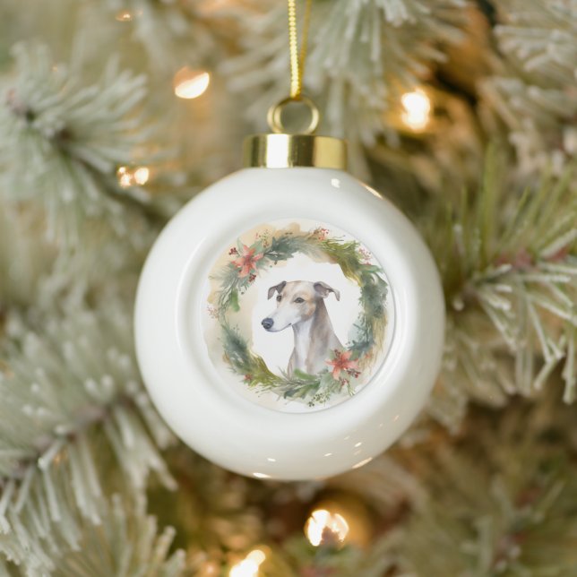 Greyhound Christmas Wreath Festive Pup  Ceramic Ball Christmas Ornament (Tree)