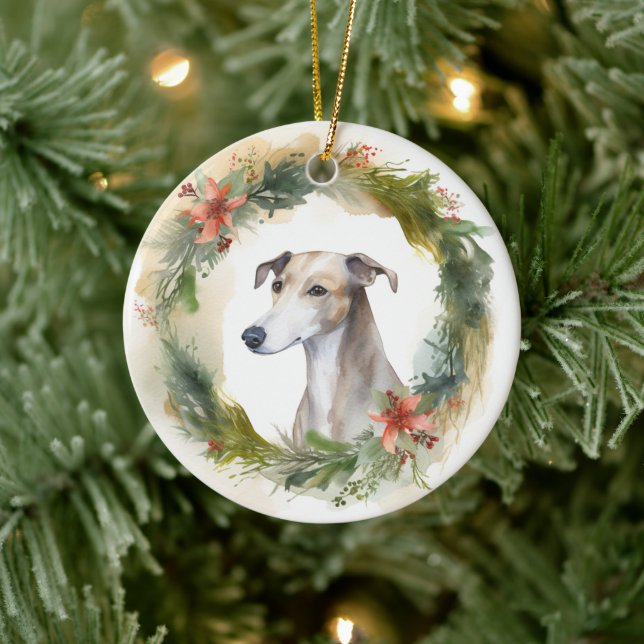 Greyhound Christmas Wreath Festive Pup  Ceramic Tree Decoration (Tree)