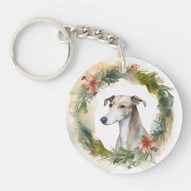Greyhound Christmas Wreath Festive Pup  Key Ring (Front)