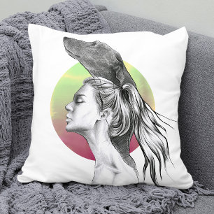 Greyhound dog and woman portrait drawing art cushion