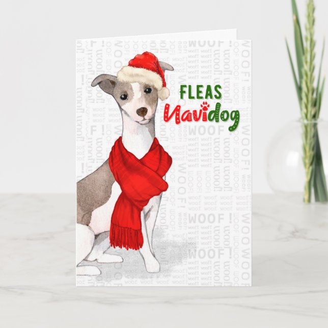 Greyhound Dog Breed Funny Fleas Navidog Christmas Holiday Card (Front)