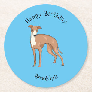 Greyhound dog cartoon illustration round paper coaster