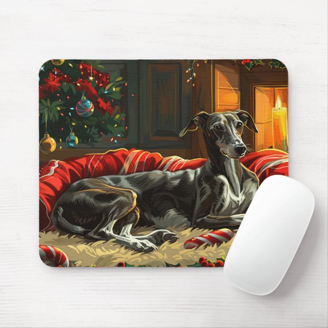 Greyhound Dog Christmas Festive Mouse Mat (With Mouse)