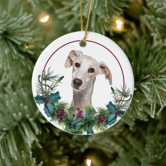 Greyhound Dog Evergreen Berry Wreath Ceramic Tree Decoration (Tree)