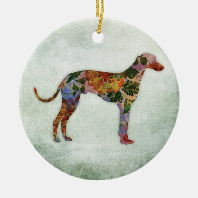 Greyhound Dog Floral On Green Ceramic Tree Decoration (Front)