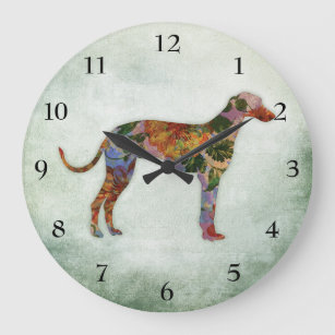 Greyhound Dog Floral On Green Large Clock