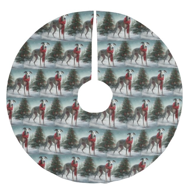 Greyhound Dog in Snow Christmas  Brushed Polyester Tree Skirt (Front)