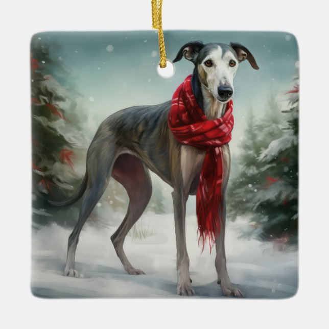 Greyhound Dog in Snow Christmas  Ceramic Ornament (Front)