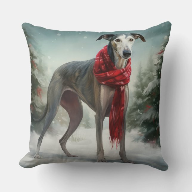 Greyhound Dog in Snow Christmas  Cushion (Front)