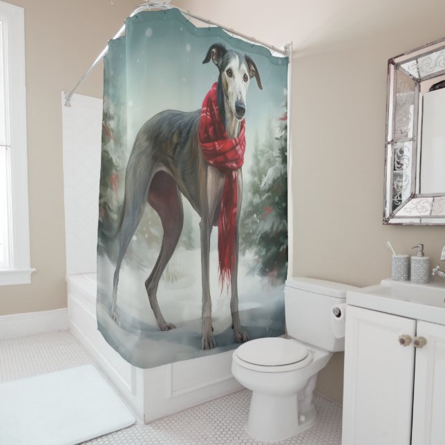 Greyhound Dog in Snow Christmas  Shower Curtain (In Situ)