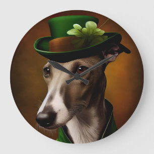 Greyhound Dog in St. Patrick's Day Dress Large Clock