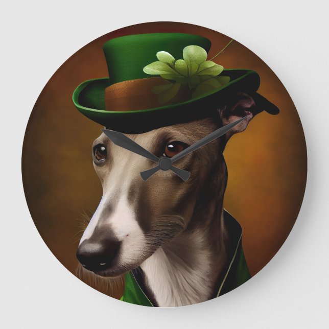Greyhound Dog in St. Patrick's Day Dress Large Clock (Front)