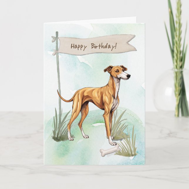 Greyhound Dog Outdoors Under Birthday Sign Card (Front)