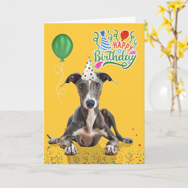 Greyhound Dog Party Hat Yellow Birthday Card (Yellow Flower)