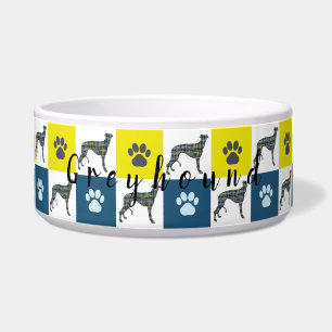 Greyhound Dog & Paw Yellow & Blue Grid Dog Bowl