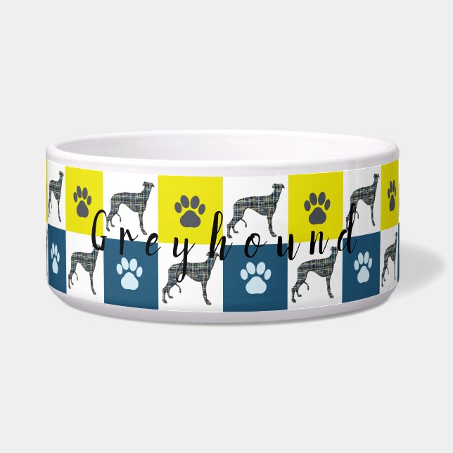 Greyhound Dog & Paw Yellow & Blue Grid Dog Bowl (Front)