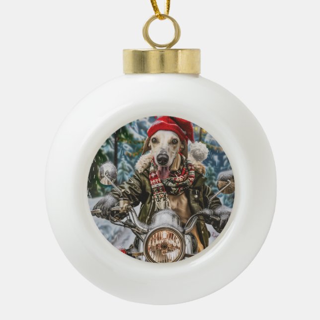Greyhound Dog Riding Motorcycle Christmas  Ceramic Ball Christmas Ornament (Front)