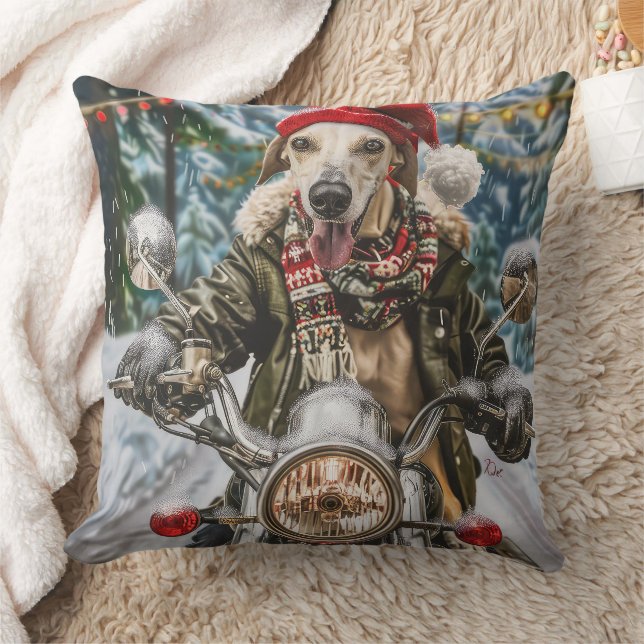 Greyhound Dog Riding Motorcycle Christmas  Cushion (Blanket)