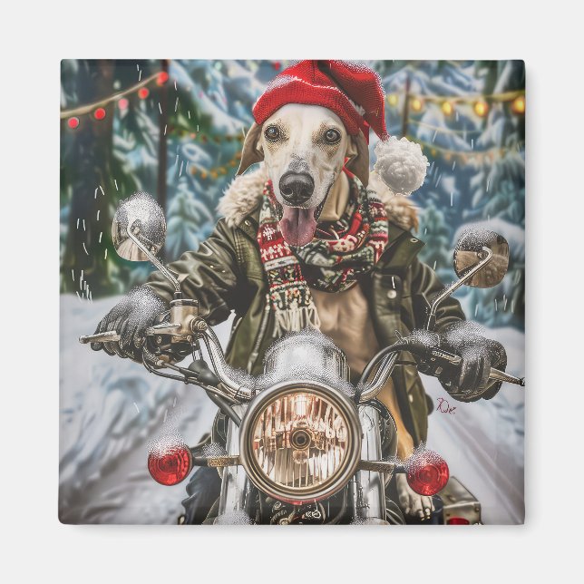 Greyhound Dog Riding Motorcycle Christmas  Magnet (Front)
