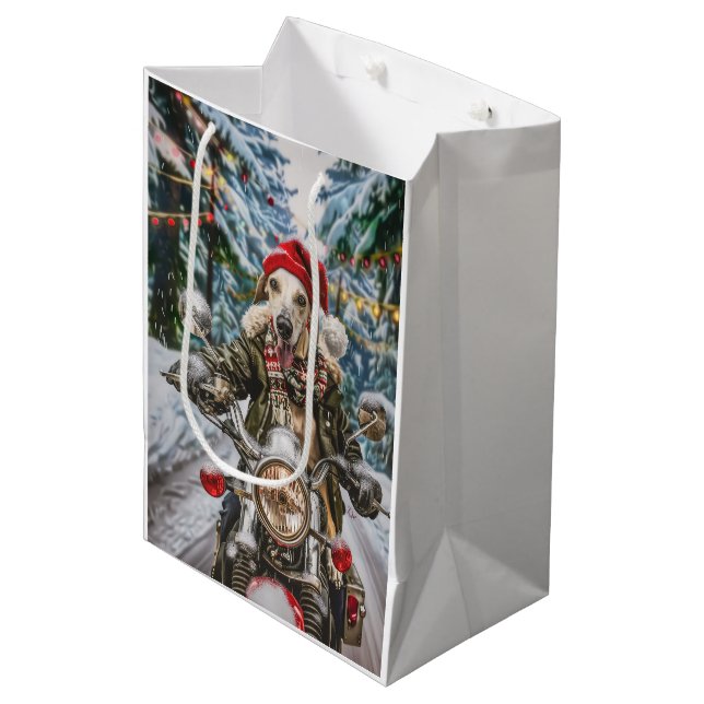 Greyhound Dog Riding Motorcycle Christmas  Medium Gift Bag (Front Angled)