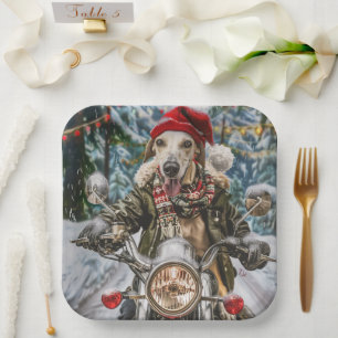 Greyhound Dog Riding Motorcycle Christmas Paper Plate