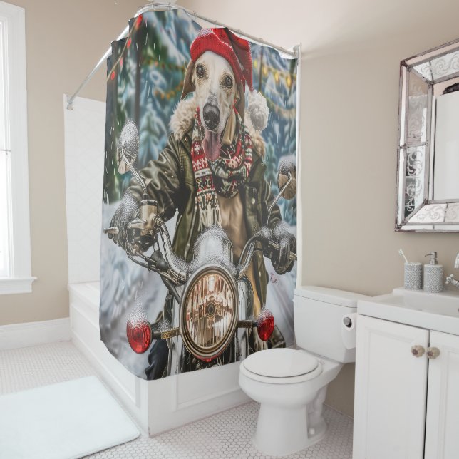 Greyhound Dog Riding Motorcycle Christmas  Shower Curtain (In Situ)