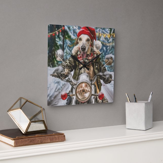 Greyhound Dog Riding Motorcycle Christmas  Square Wall Clock (Office)