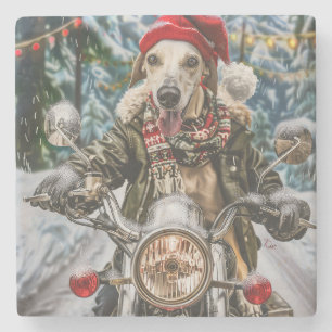 Greyhound Dog Riding Motorcycle Christmas Stone Coaster