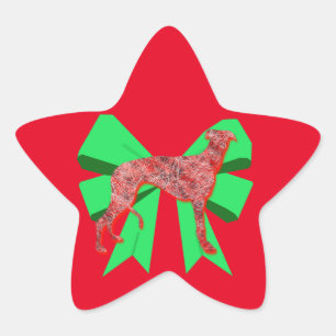 Greyhound Dog Silhouette Red & Green Bow Christmas Star Sticker