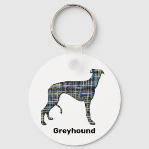Greyhound Dog Silhouette Yellow & Blue Grids Key Ring