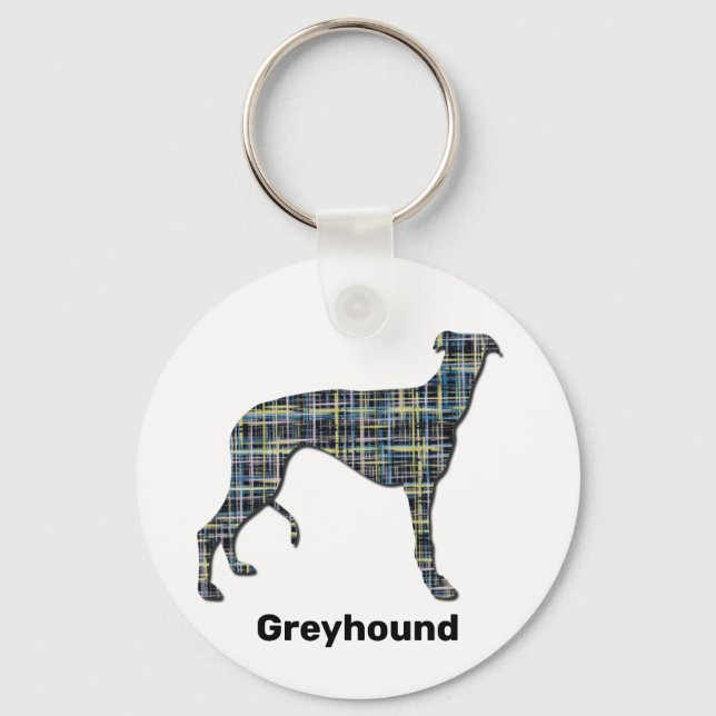 Greyhound Dog Silhouette Yellow & Blue Grids Key Ring (Front)