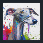 Greyhound Dog Square Wall Clock<br><div class="desc">An arty dog design with a colourful paint splatter.</div>