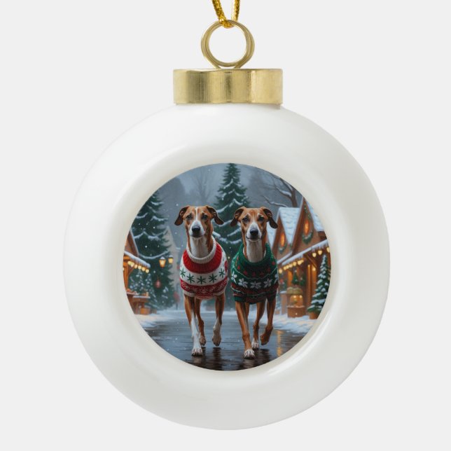 Greyhound Dogs Christmas Snow Holiday Ceramic Ball Christmas Ornament (Front)